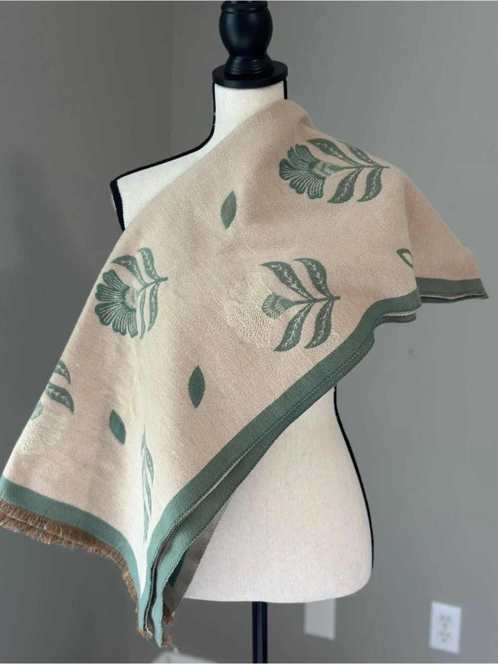 Large Beige Shawl Scarf with Sage Floral Jacquard Comfy Finge